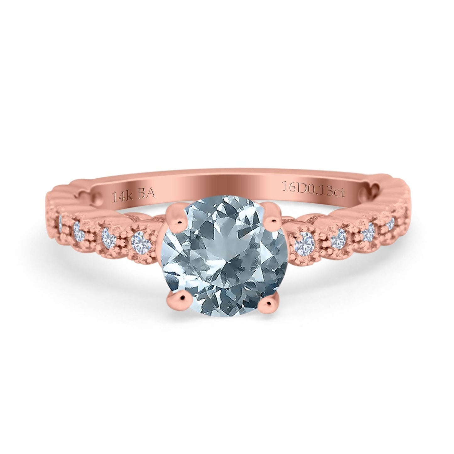 14K Rose Gold 1.16ct Round 6.5mm G SI Natural Aquamarine Diamond Engagement Wedding Ring Size 6.5