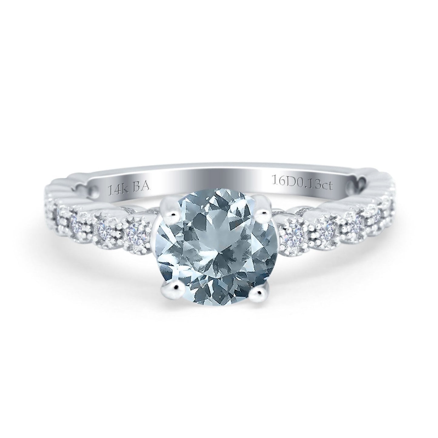 14K White Gold 1.16ct Round 6.5mm G SI Natural Aquamarine Diamond Engagement Wedding Ring Size 6.5