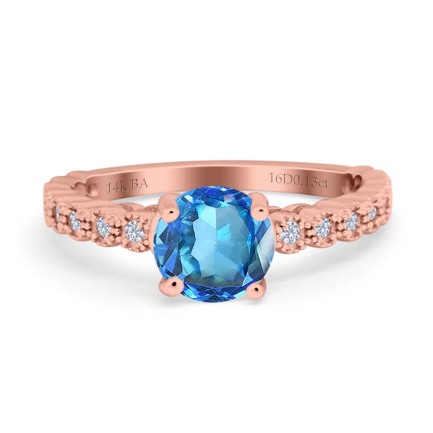 14K Rose Gold 1.16ct Round 6.5mm G SI Natural Blue Topaz Diamond Engagement Wedding Ring Size 6.5