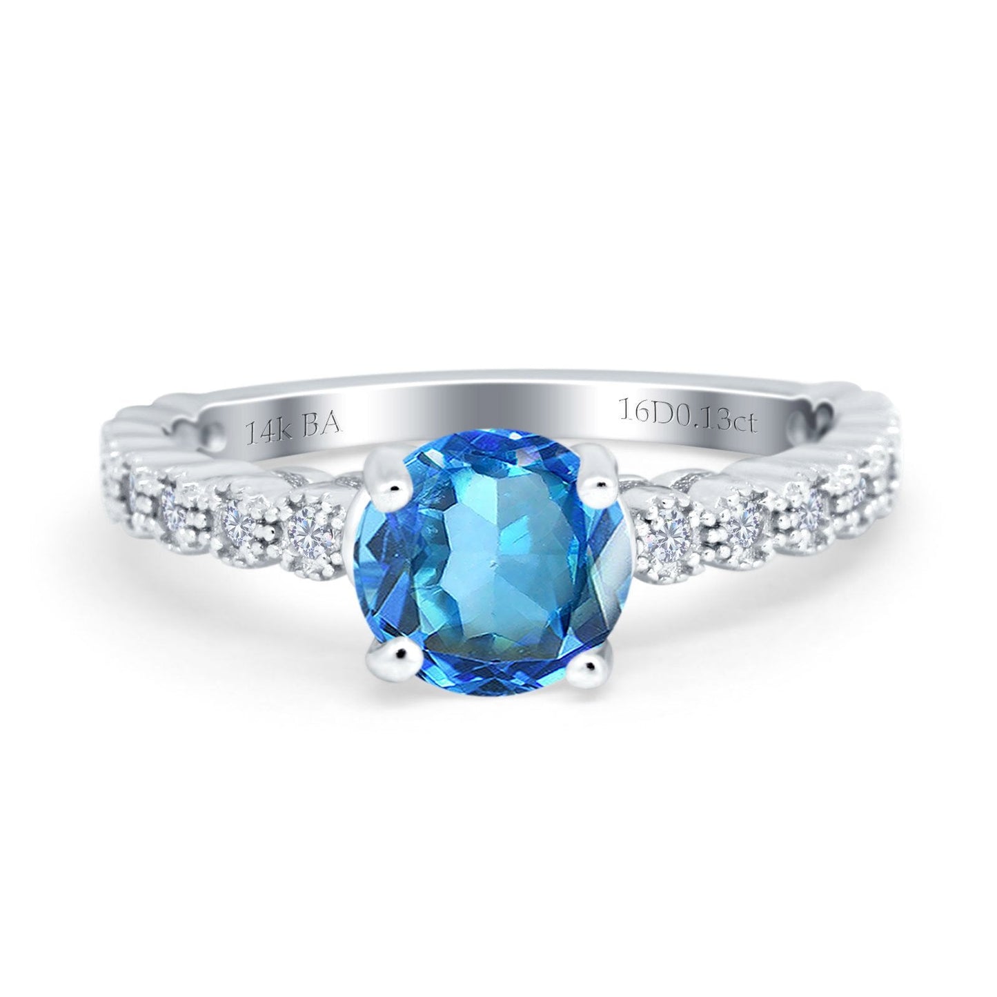 14K White Gold 1.16ct Round 6.5mm G SI Natural Blue Topaz Diamond Engagement Wedding Ring Size 6.5