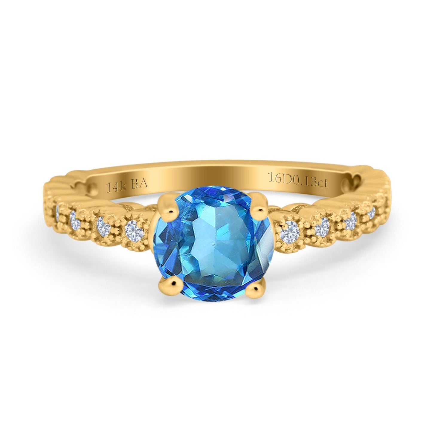 14K Yellow Gold 1.16ct Round 6.5mm G SI Natural Blue Topaz Diamond Engagement Wedding Ring Size 6.5