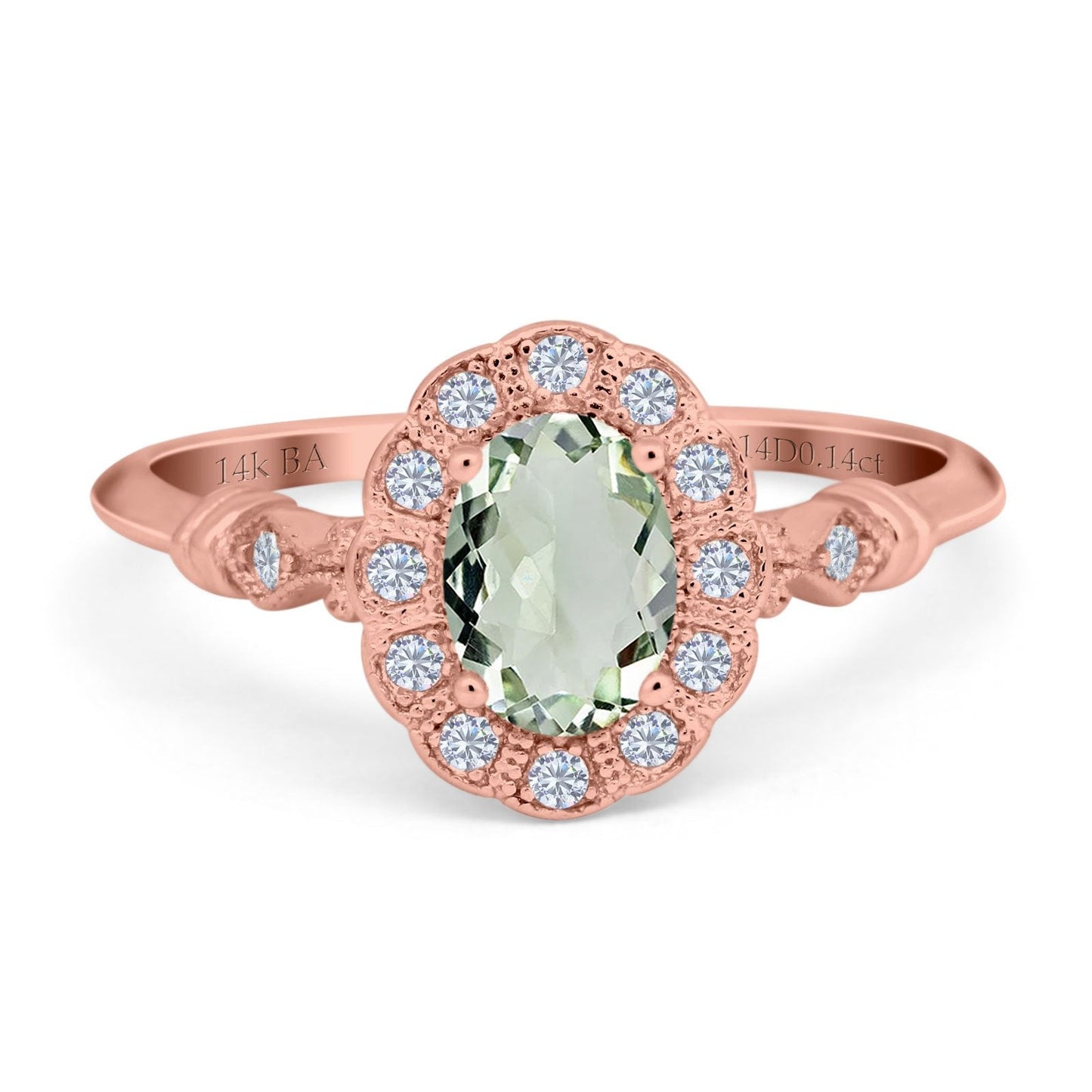 14K Rose Gold 0.9ct Oval 7mmx5mm G SI Natural Green Amethyst Diamond Engagement Wedding Ring Size 6.5