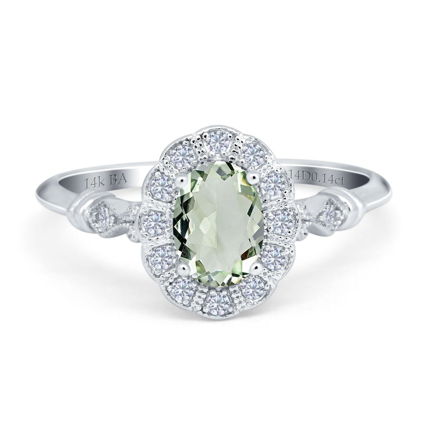 Bague de fiançailles en or blanc 14 carats 0,9 ct ovale 7 mm x 5 mm G SI avec améthyste verte naturelle et diamant, taille 6,5