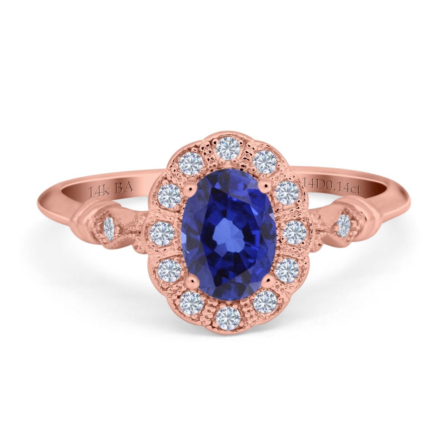 14K Rose Gold 0.9ct Oval 7mmx5mm G SI Nano Blue Sapphire Diamond Engagement Wedding Ring Size 6.5