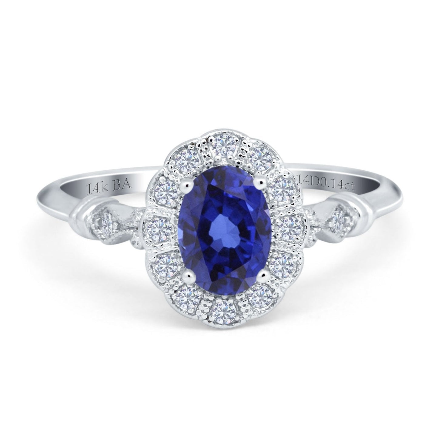 Bague de fiançailles en or blanc 14 carats avec diamant ovale de 0,9 ct 7 mm x 5 mm G SI Nano Blue Saphir Taille 6,5