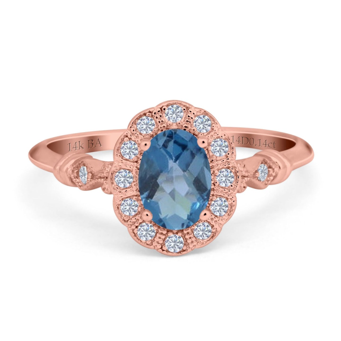 14K Rose Gold 0.9ct Oval 7mmx5mm G SI London Blue Topaz Diamond Engagement Wedding Ring Size 6.5