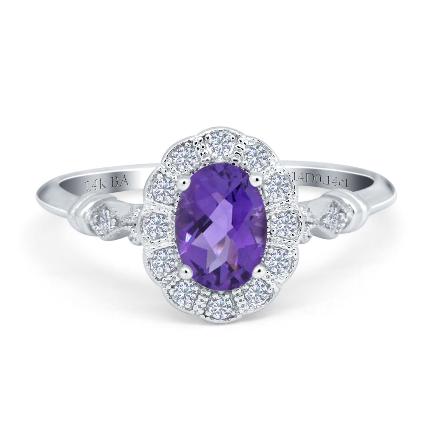 14K White Gold 0.9ct Oval 7mmx5mm G SI Natural Amethyst Diamond Engagement Wedding Ring Size 6.5