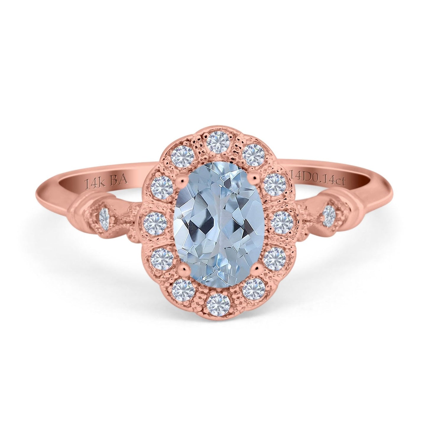 14K Rose Gold 0.9ct Oval 7mmx5mm G SI Natural Aquamarine Diamond Engagement Wedding Ring Size 6.5