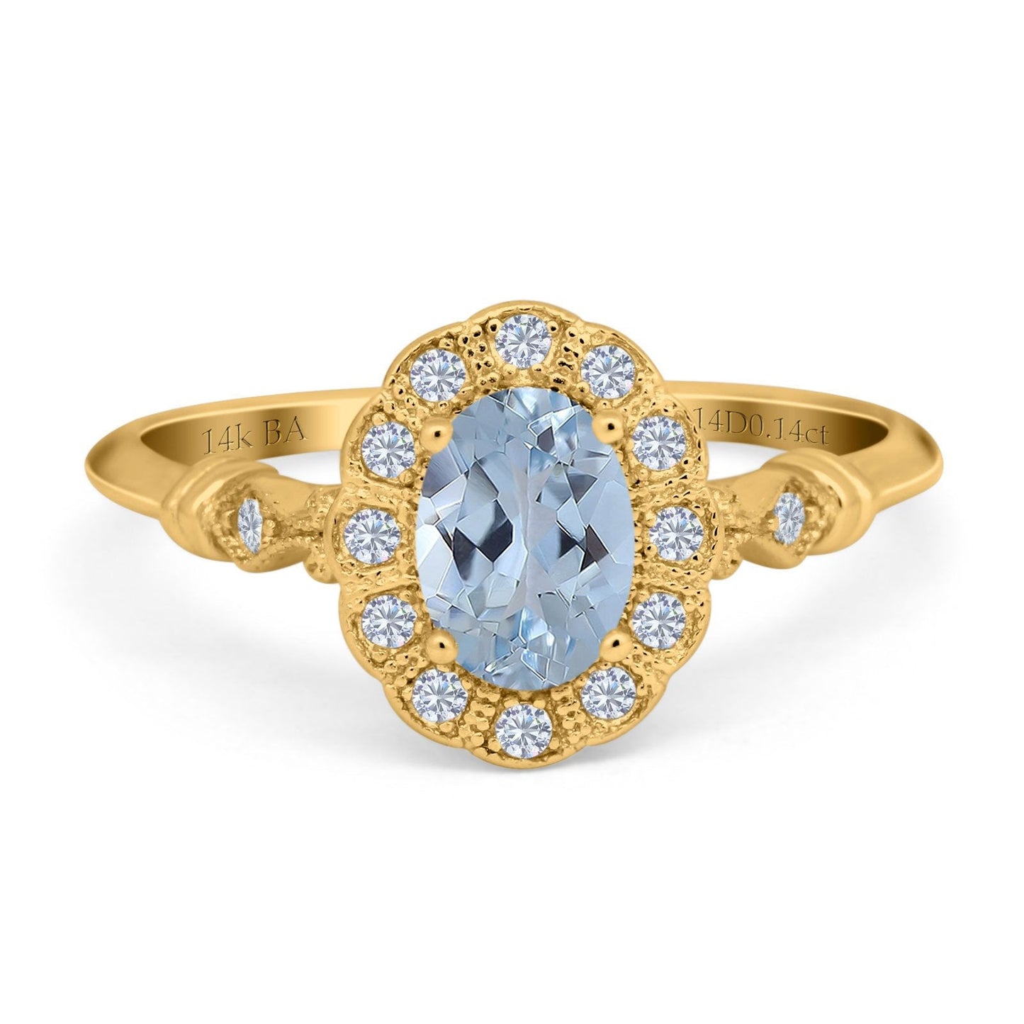 14K Yellow Gold 0.9ct Oval 7mmx5mm G SI Natural Aquamarine Diamond Engagement Wedding Ring Size 6.5