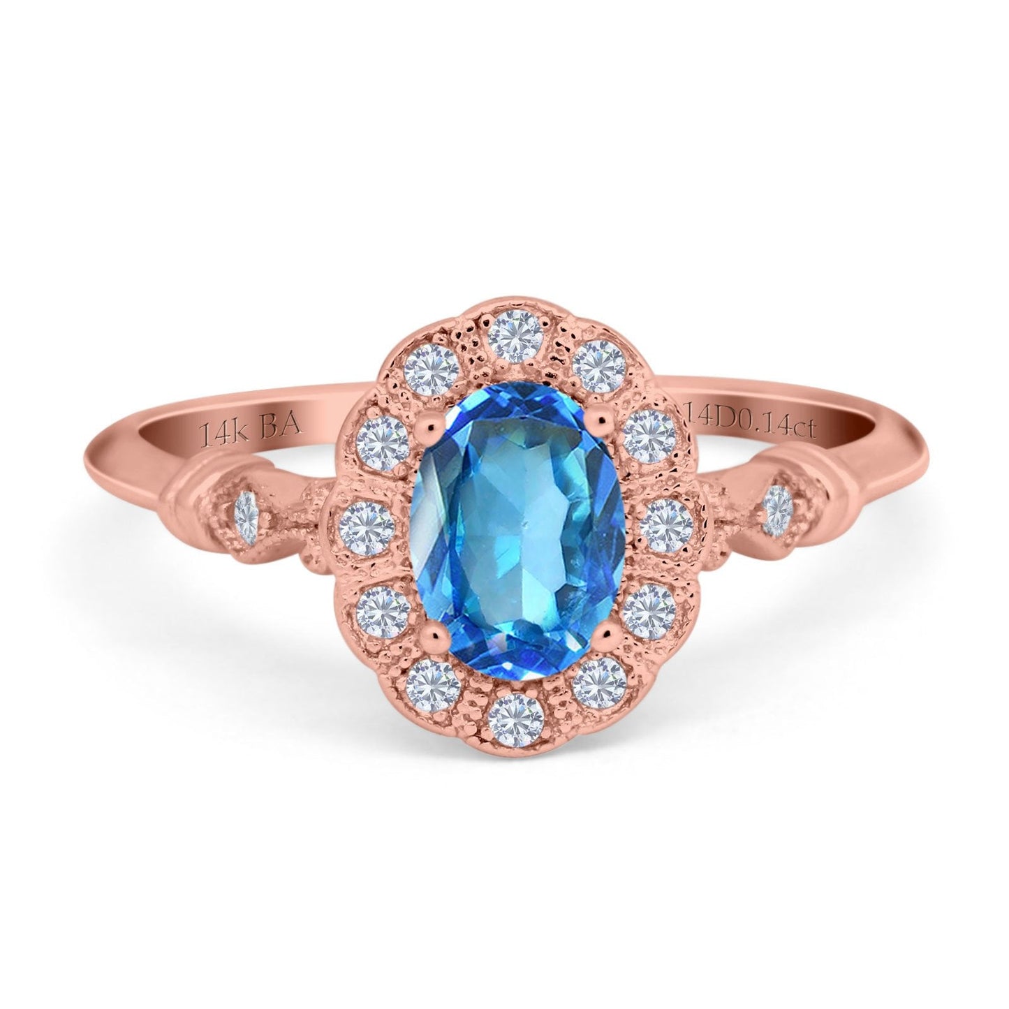 14K Rose Gold 0.9ct Oval 7mmx5mm G SI Natural Blue Topaz Diamond Engagement Wedding Ring Size 6.5