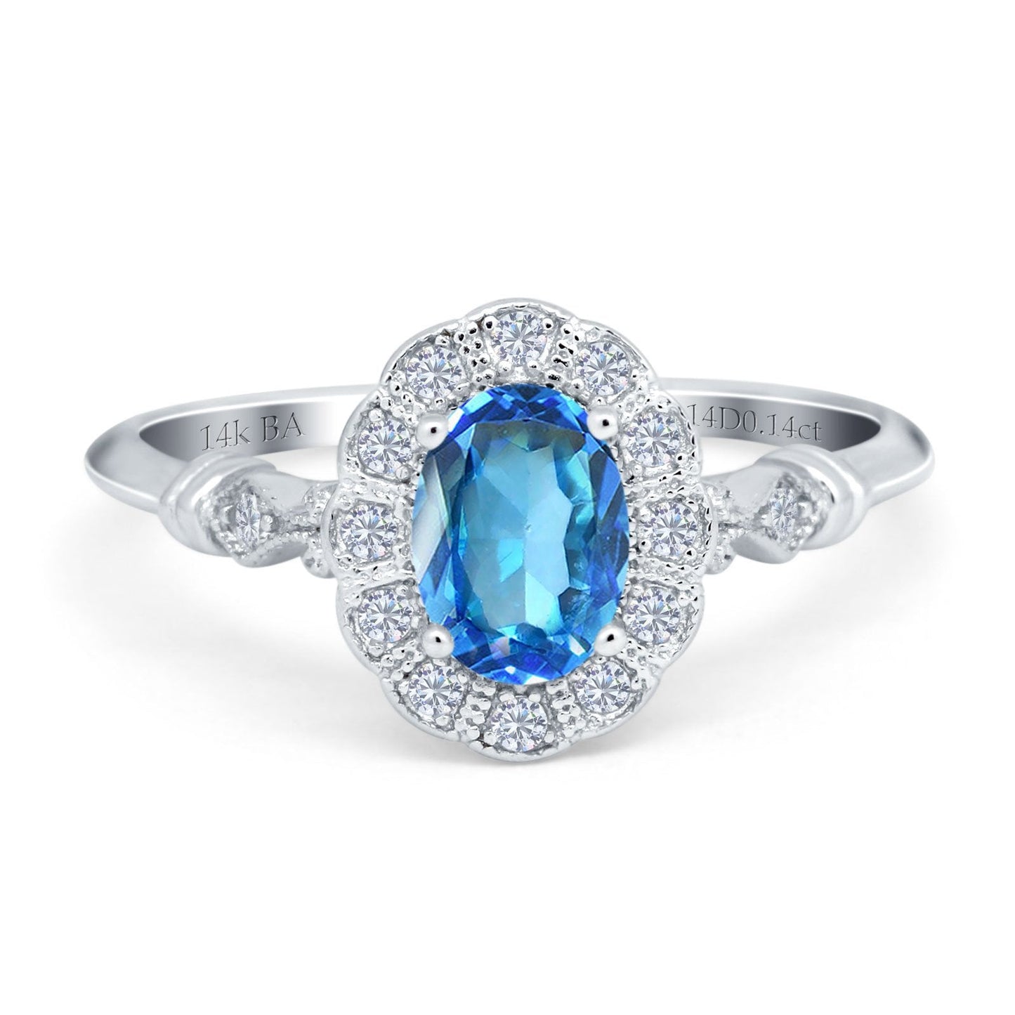 Bague de fiançailles en or blanc 14 carats avec topaze bleue naturelle ovale de 0,9 ct, 7 mm x 5 mm, taille G SI, taille 6,5