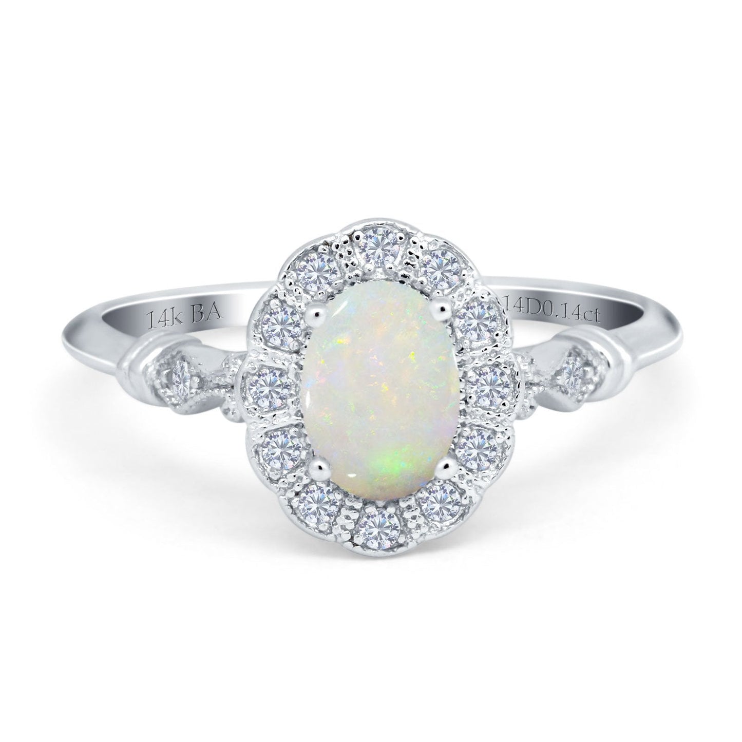 14K White Gold 0.14ct Oval 7mmx5mm G SI Natural White Opal Diamond Engagement Wedding Ring Size 6.5