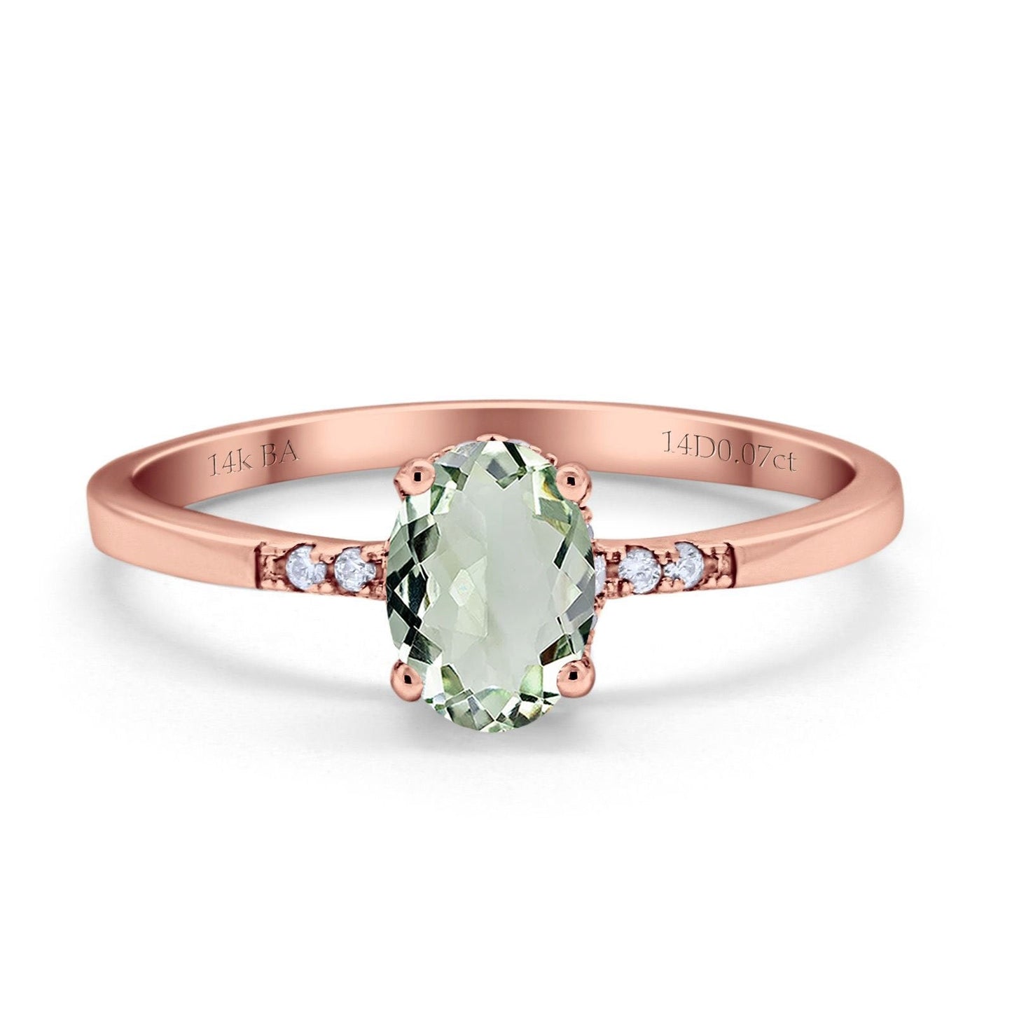 Bague de fiançailles en or rose 14 carats 1,28 ct ovale 8 mm x 6 mm G SI avec améthyste verte naturelle et diamant, taille 6,5