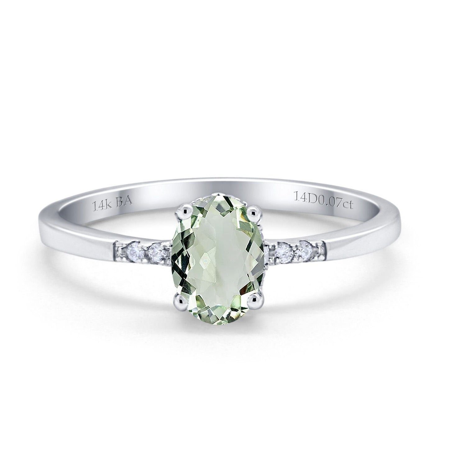 14K White Gold 1.28ct Oval 8mmx6mm G SI Natural Green Amethyst Diamond Engagement Wedding Ring Size 6.5