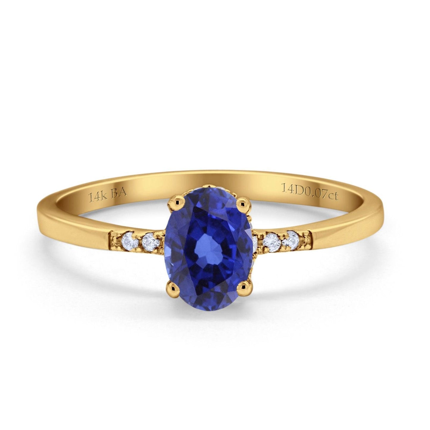 14K Yellow Gold 1.28ct Oval 8mmx6mm G SI Nano Blue Sapphire Diamond Engagement Wedding Ring Size 6.5