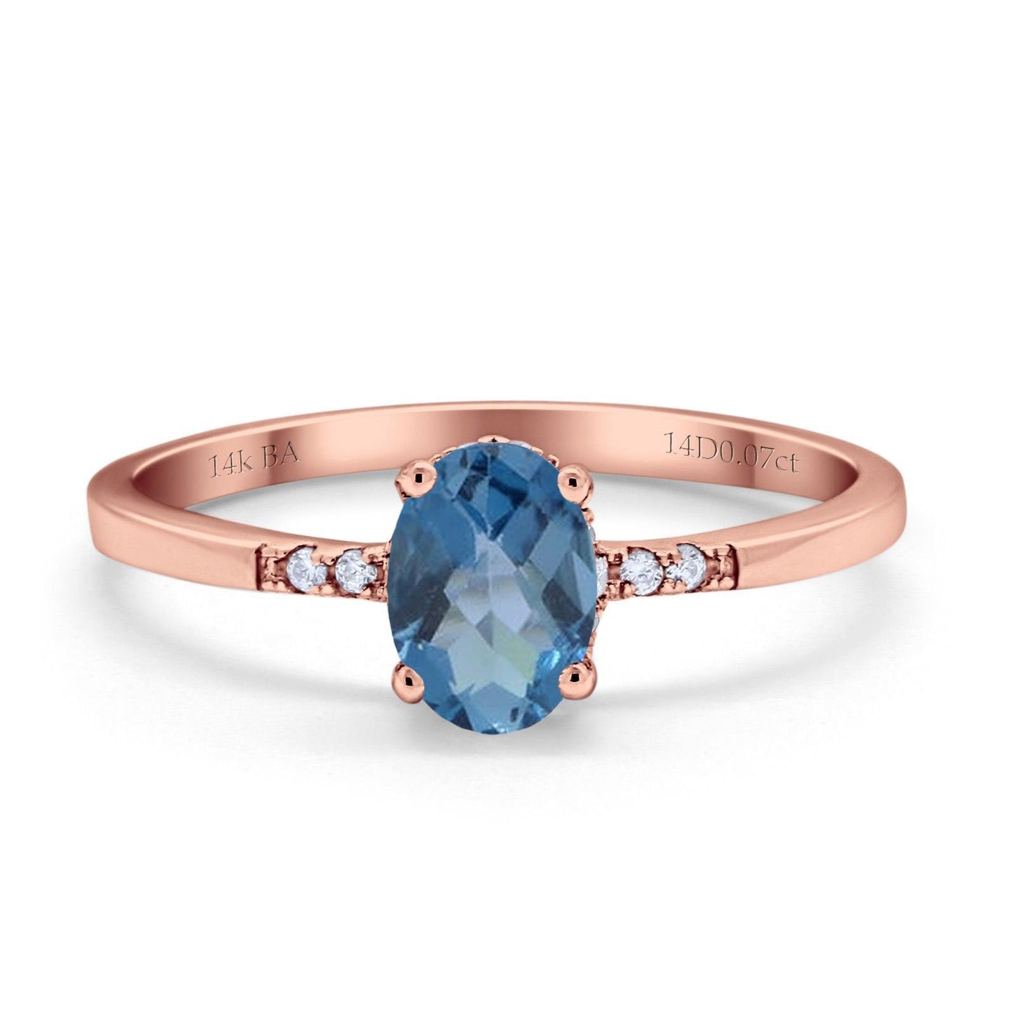 Bague de fiançailles en or rose 14 carats avec topaze bleue de Londres ovale de 8 mm x 6 mm G SI 1,28 ct, taille 6,5