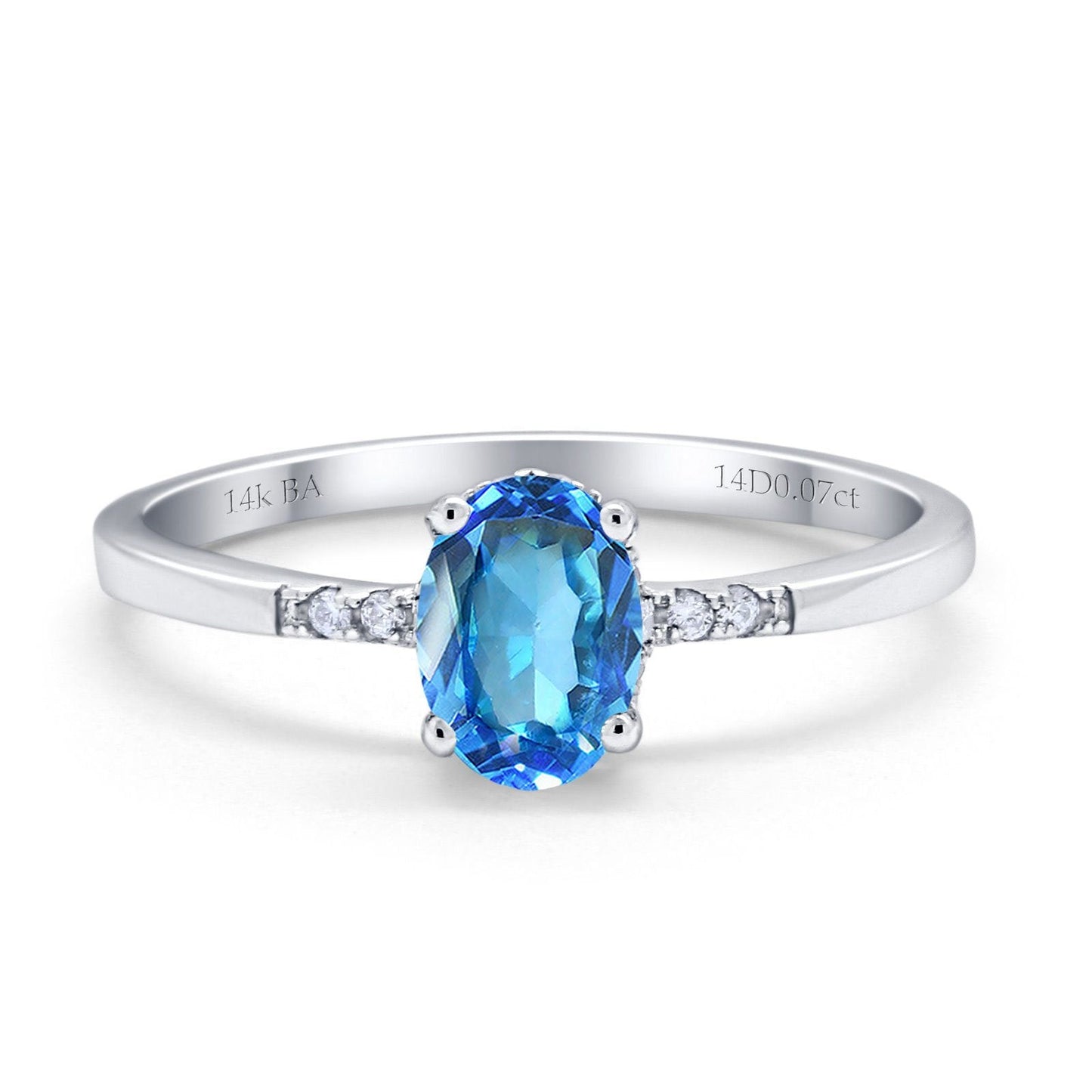 Bague de fiançailles en or blanc 14 carats 1,28 ct ovale 8 mm x 6 mm G SI avec topaze bleue naturelle et diamant taille 6,5