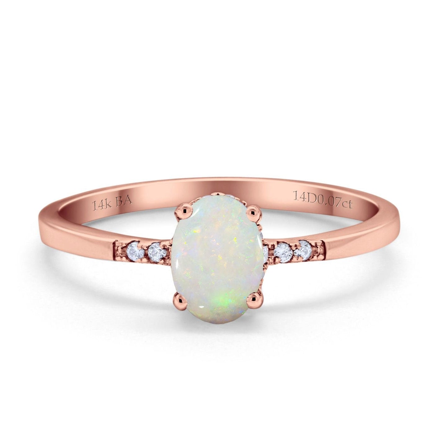 14K Rose Gold 0.07ct Oval 8mmx6mm G SI Natural White Opal Diamond Engagement Wedding Ring Size 6.5