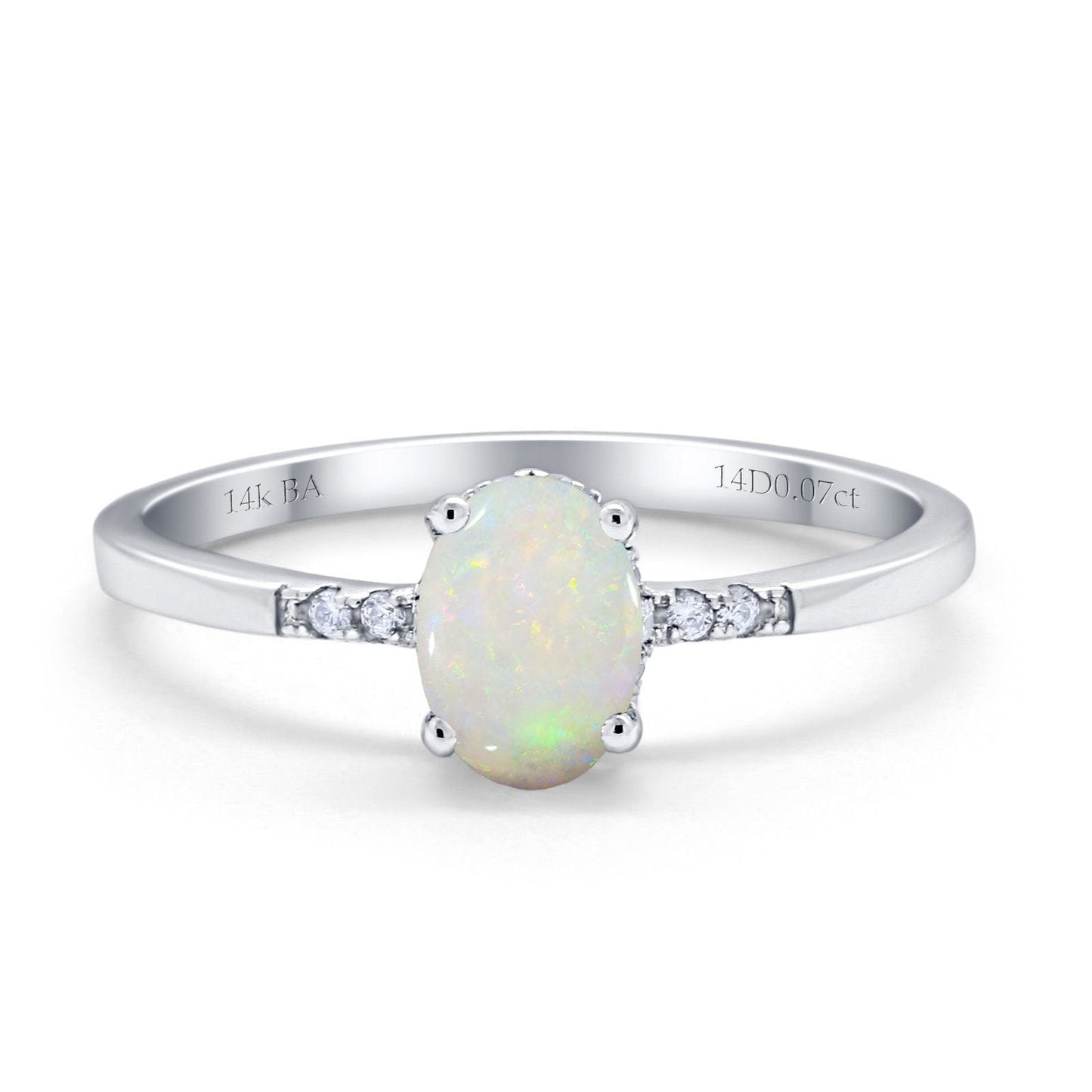 14K White Gold 0.07ct Oval 8mmx6mm G SI Natural White Opal Diamond Engagement Wedding Ring Size 6.5