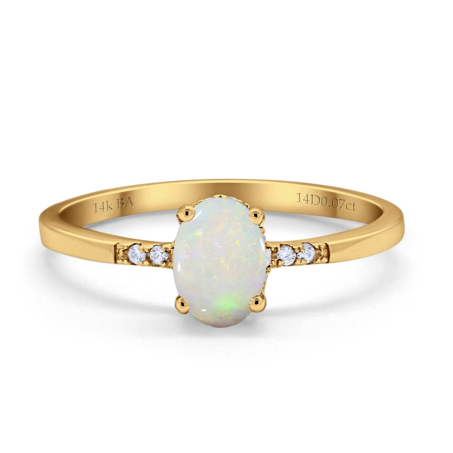 14K Yellow Gold 0.07ct Oval 8mmx6mm G SI Natural White Opal Diamond Engagement Wedding Ring Size 6.5