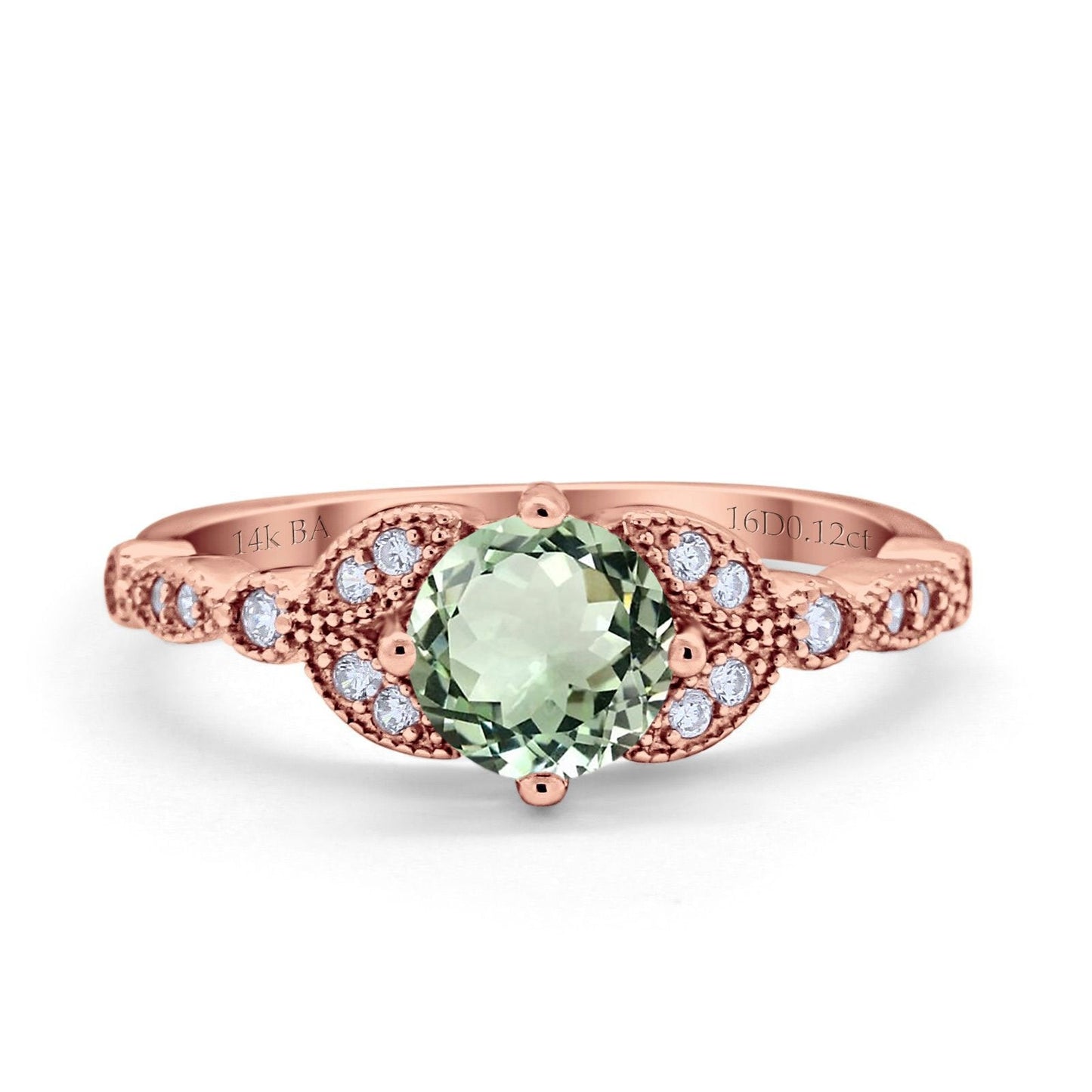 14K Rose Gold 0.96ct Round Art Deco 6mm G SI Natural Green Amethyst Diamond Engagement Wedding Ring Size 6.5