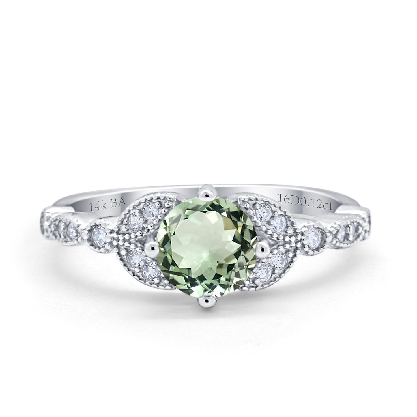 Bague de fiançailles en or blanc 14 carats 0,96 ct Art déco ronde 6 mm G SI avec améthyste verte naturelle et diamant taille 6,5