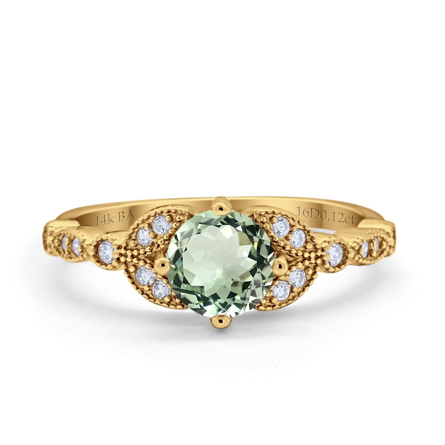 14K Yellow Gold 0.96ct Round Art Deco 6mm G SI Natural Green Amethyst Diamond Engagement Wedding Ring Size 6.5