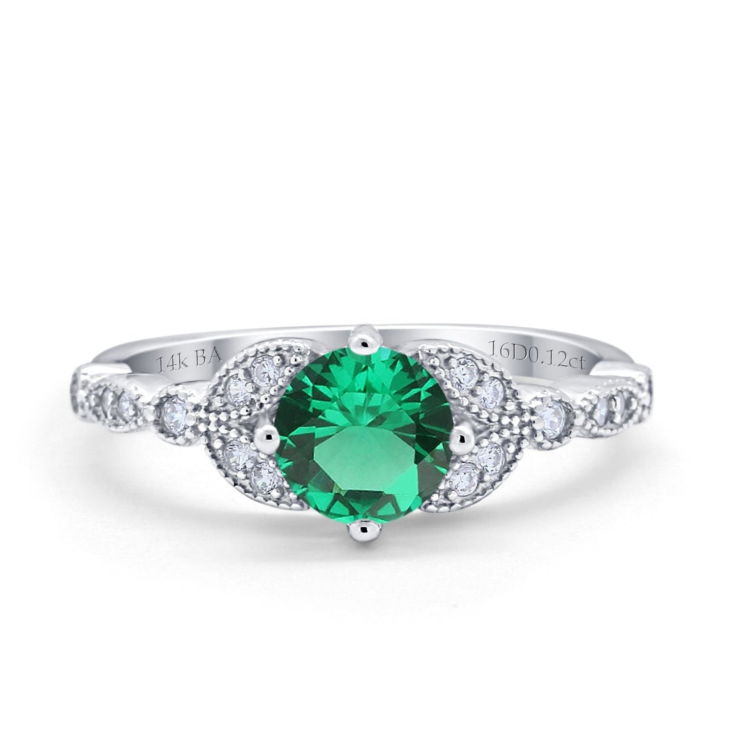 14K White Gold 0.96ct Round Art Deco 6mm G SI Nano Emerald Diamond Engagement Wedding Ring Size 6.5