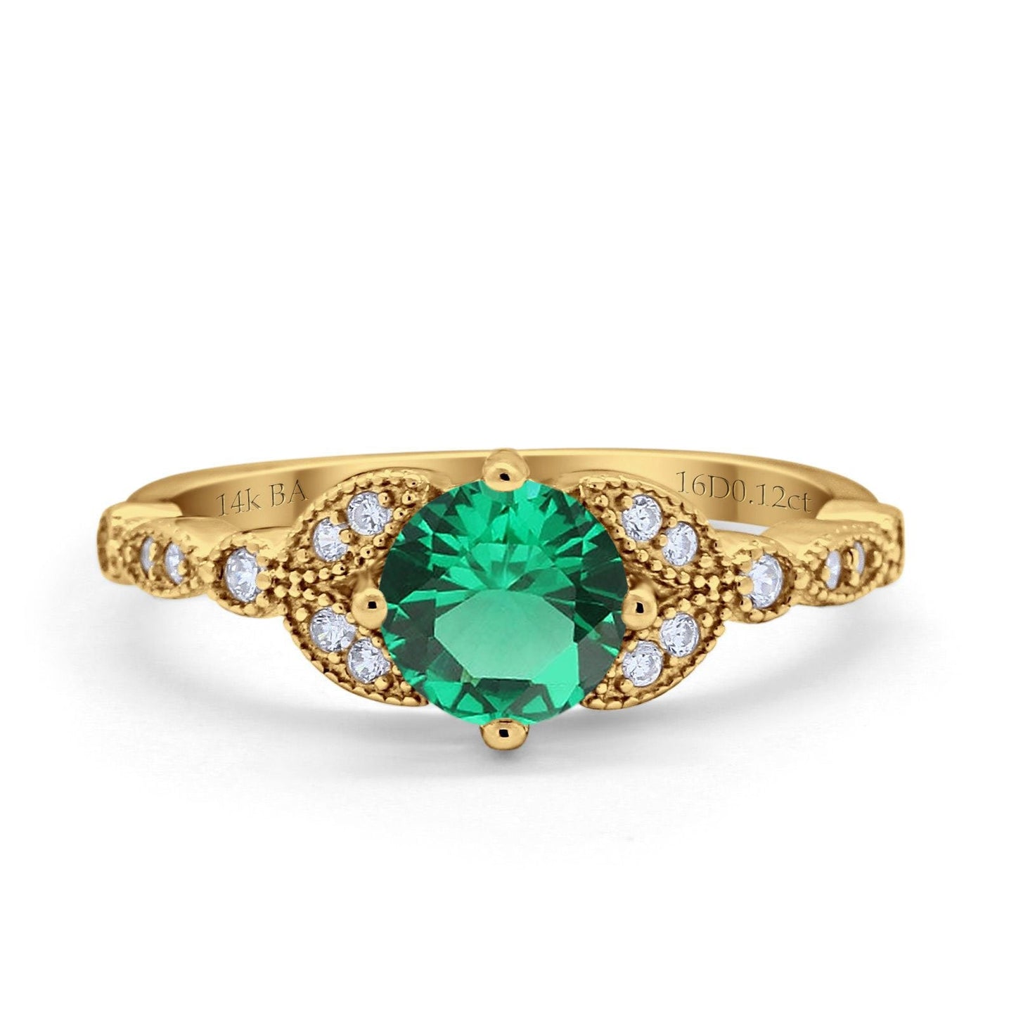 14K Yellow Gold 0.96ct Round Art Deco 6mm G SI Nano Emerald Diamond Engagement Wedding Ring Size 6.5