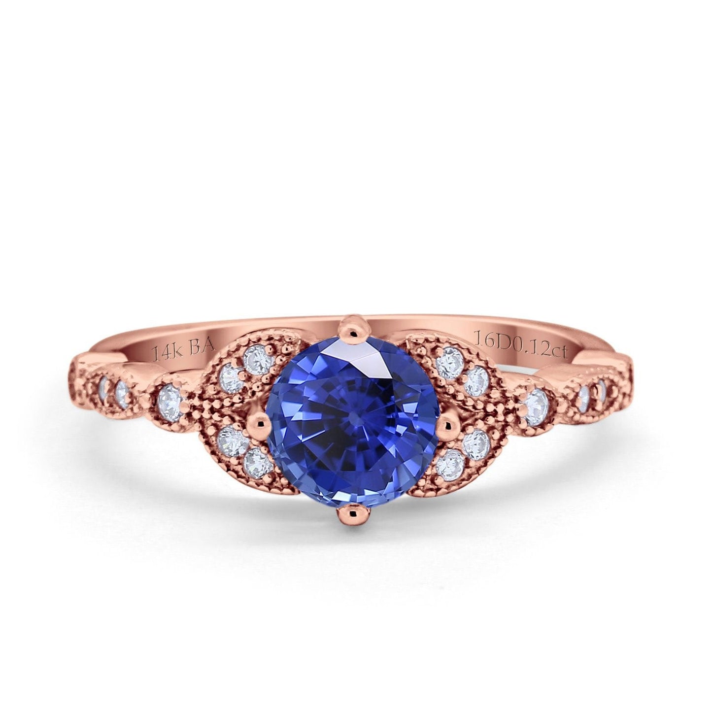 14K Rose Gold 0.96ct Round Art Deco 6mm G SI Nano Blue Sapphire Diamond Engagement Wedding Ring Size 6.5