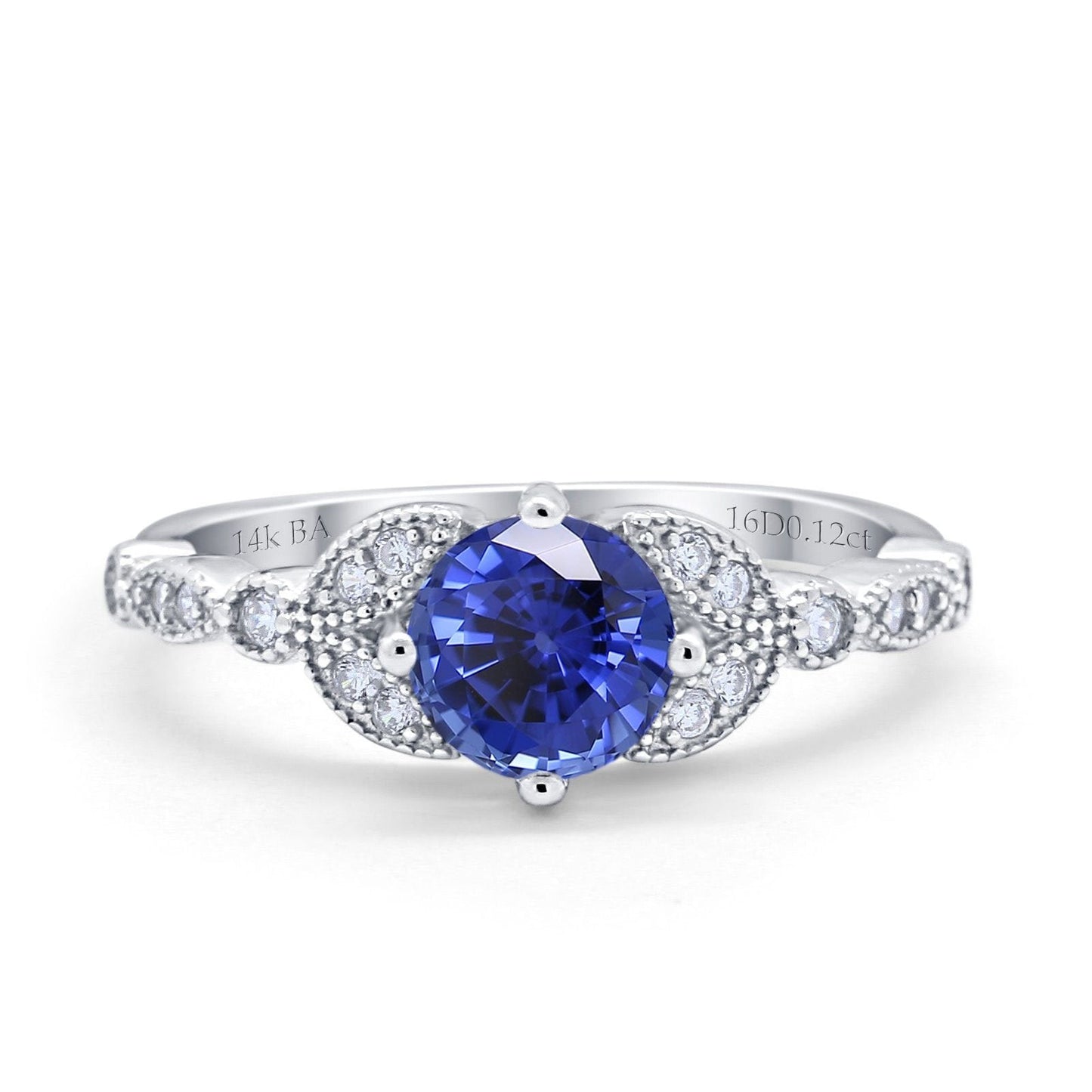 14K White Gold 0.96ct Round Art Deco 6mm G SI Nano Blue Sapphire Diamond Engagement Wedding Ring Size 6.5