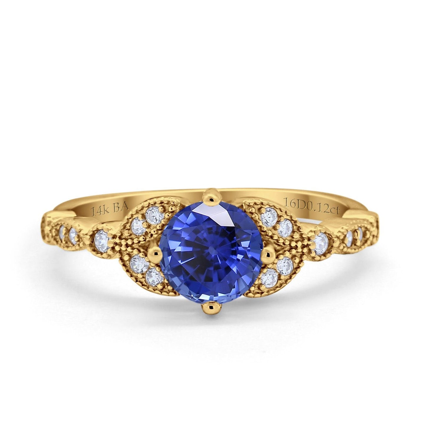 14K Yellow Gold 0.96ct Round Art Deco 6mm G SI Nano Blue Sapphire Diamond Engagement Wedding Ring Size 6.5