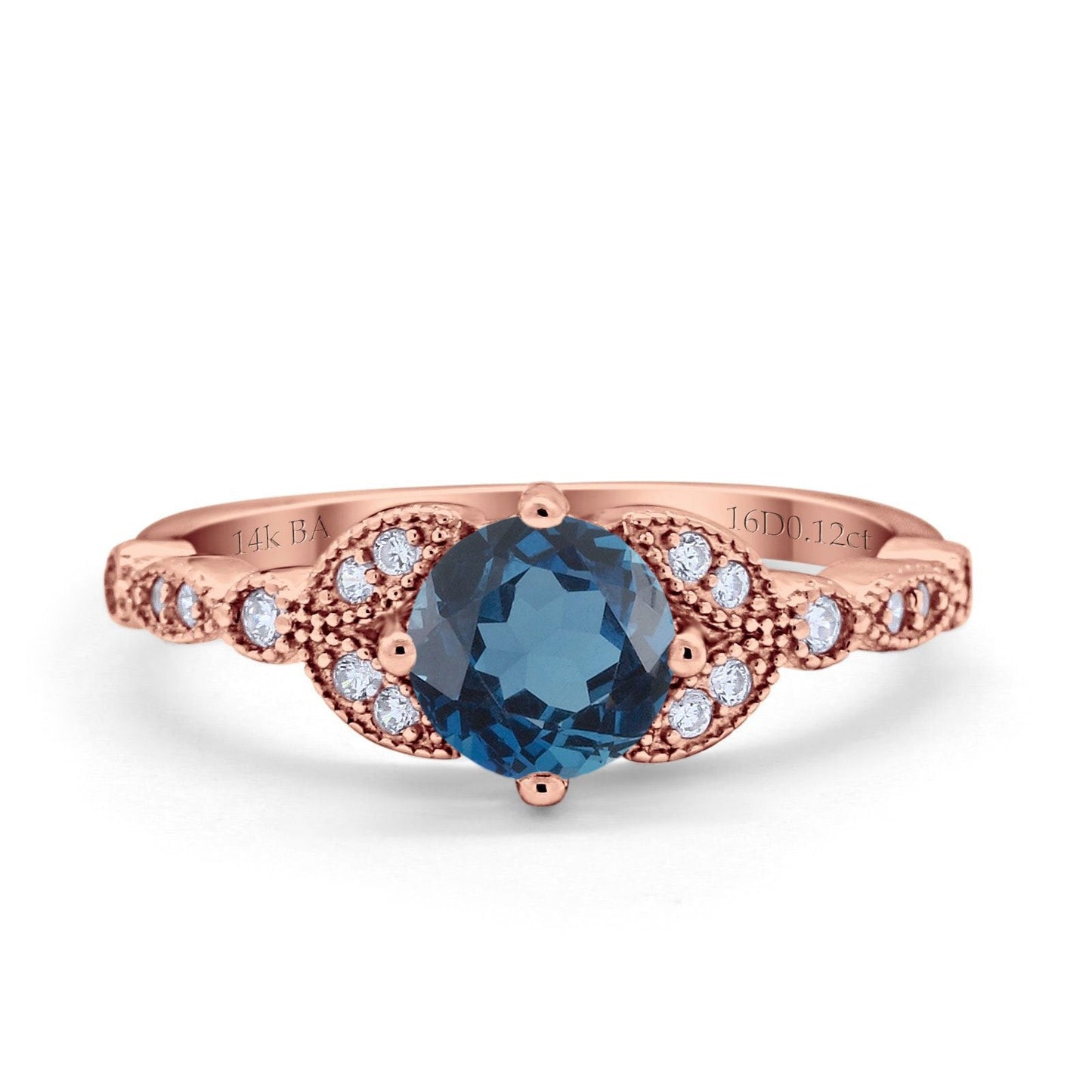 14K Rose Gold 0.96ct Round Art Deco 6mm G SI London Blue Topaz Diamond Engagement Wedding Ring Size 6.5