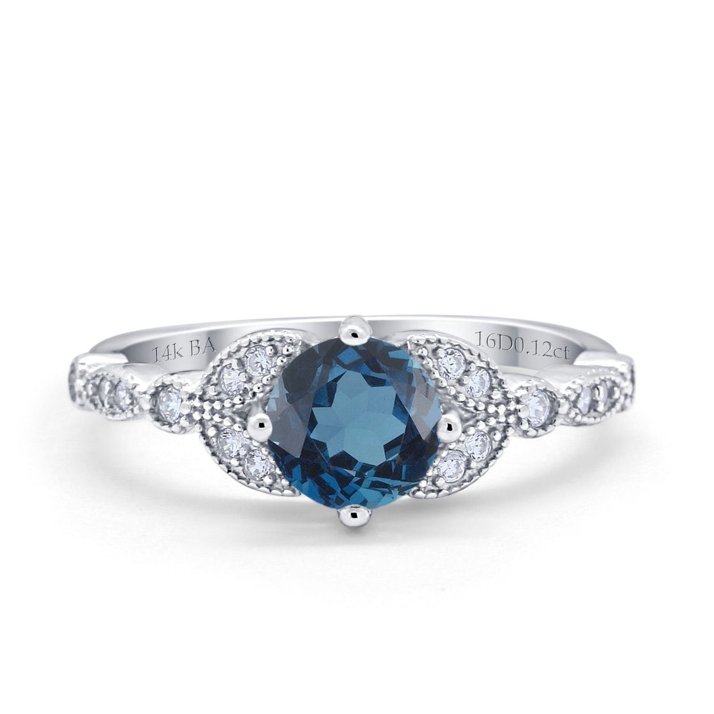 14K White Gold 0.96ct Round Art Deco 6mm G SI London Blue Topaz Diamond Engagement Wedding Ring Size 6.5