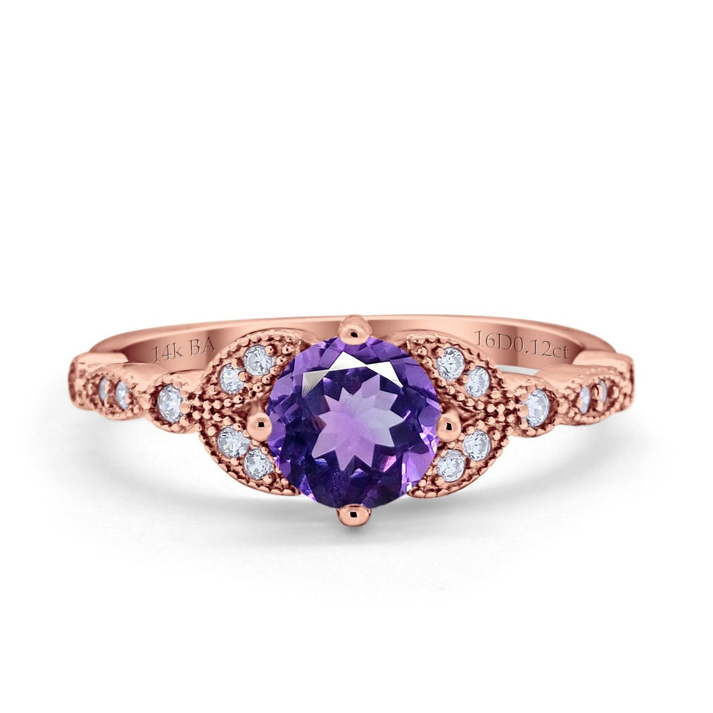 14K Rose Gold 0.96ct Round Art Deco 6mm G SI Natural Amethyst Diamond Engagement Wedding Ring Size 6.5