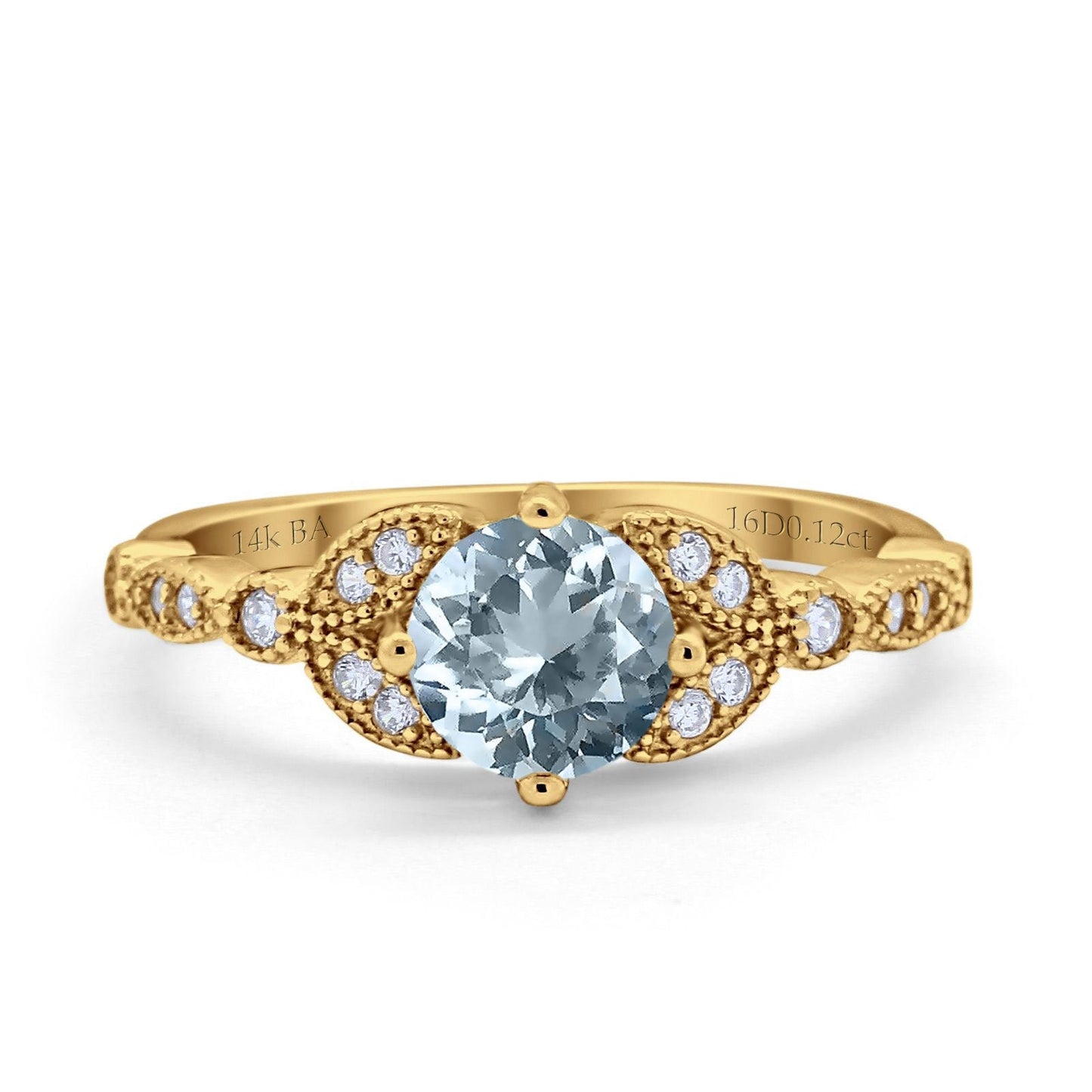 14K Yellow Gold 0.96ct Round Art Deco 6mm G SI Natural Aquamarine Diamond Engagement Wedding Ring Size 6.5