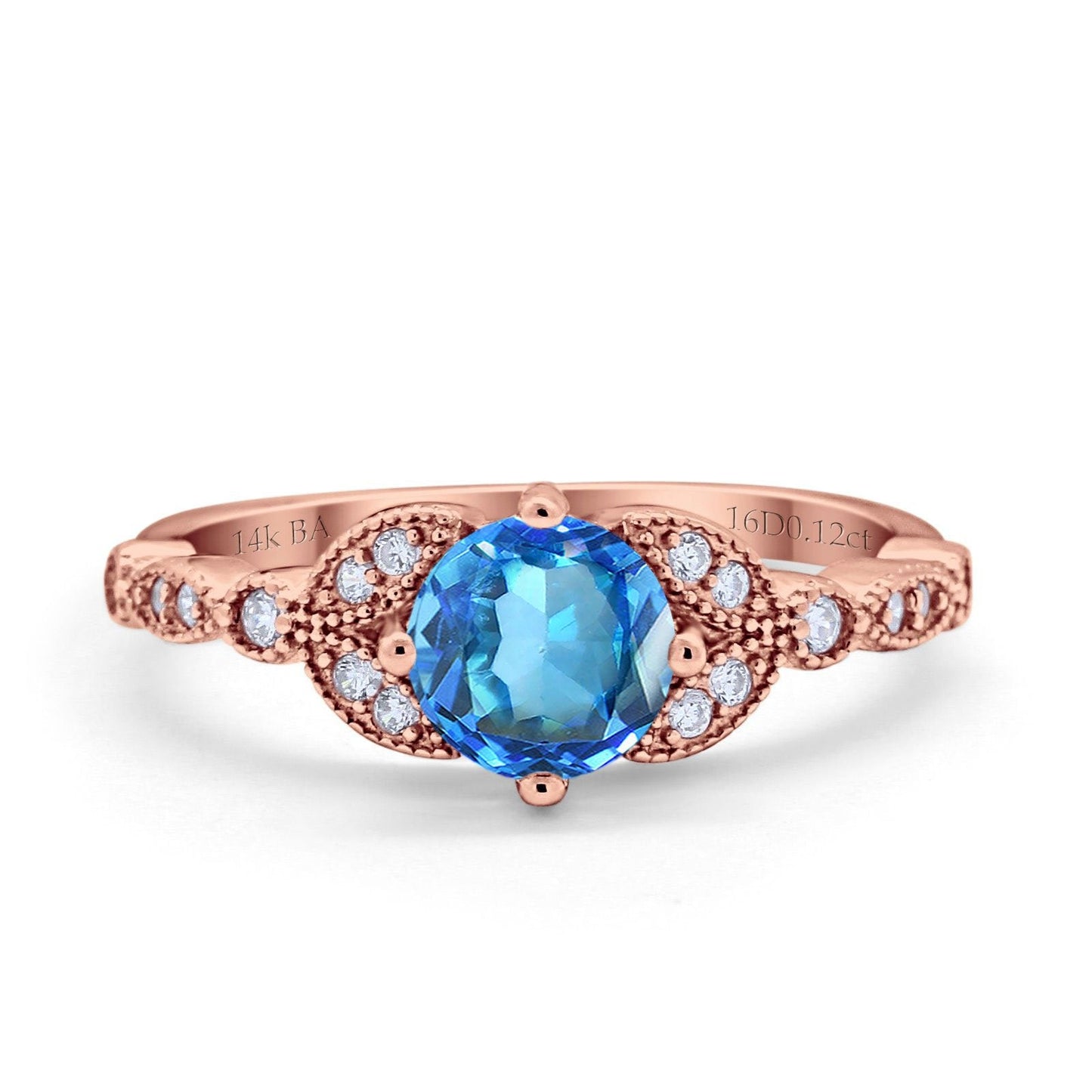 14K Rose Gold 0.96ct Round Art Deco 6mm G SI Natural Blue Topaz Diamond Engagement Wedding Ring Size 6.5