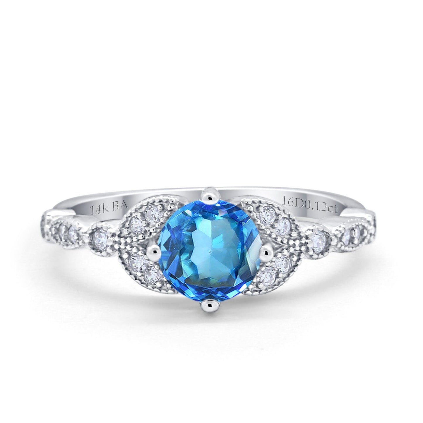 Bague de fiançailles en or blanc 14 carats 0,96 ct Art déco ronde 6 mm G SI avec topaze bleue naturelle et diamant taille 6,5