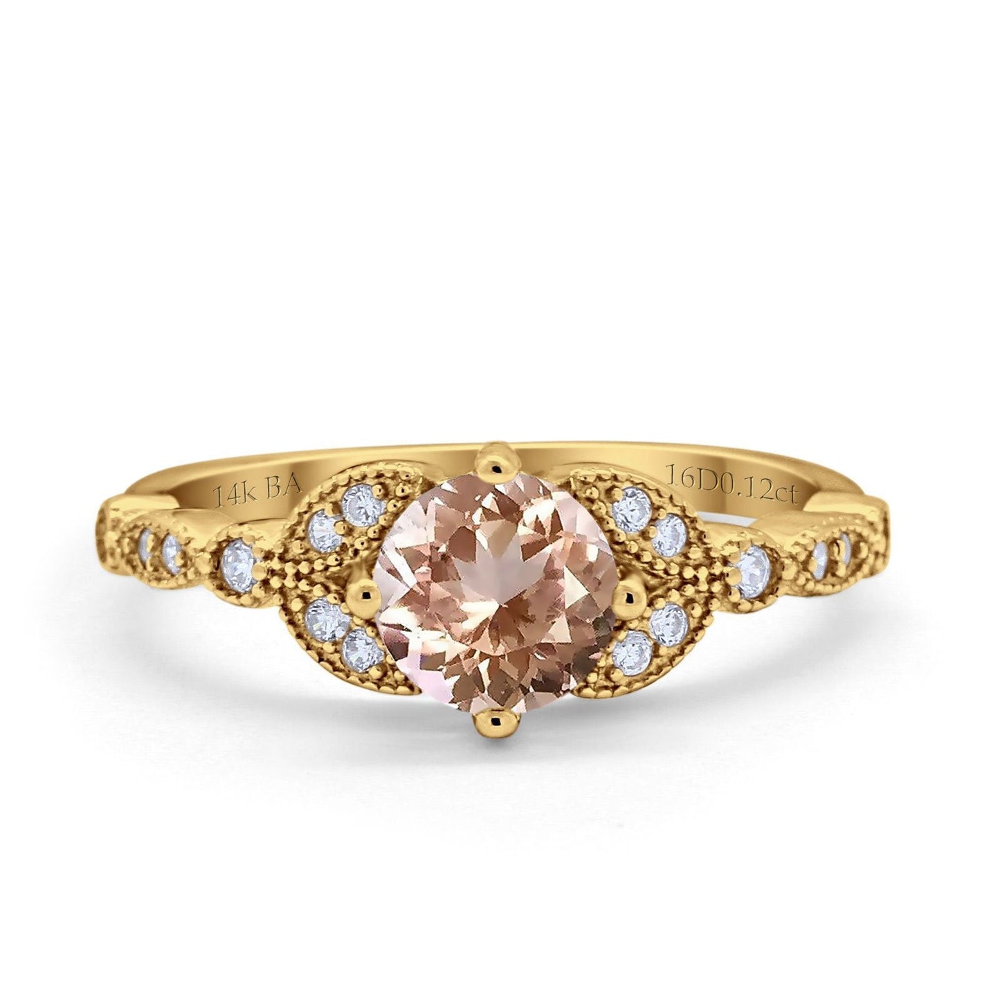 14K Yellow Gold 0.96ct Round Art Deco 6mm G SI Natural Morganite Diamond Engagement Wedding Ring Size 6.5