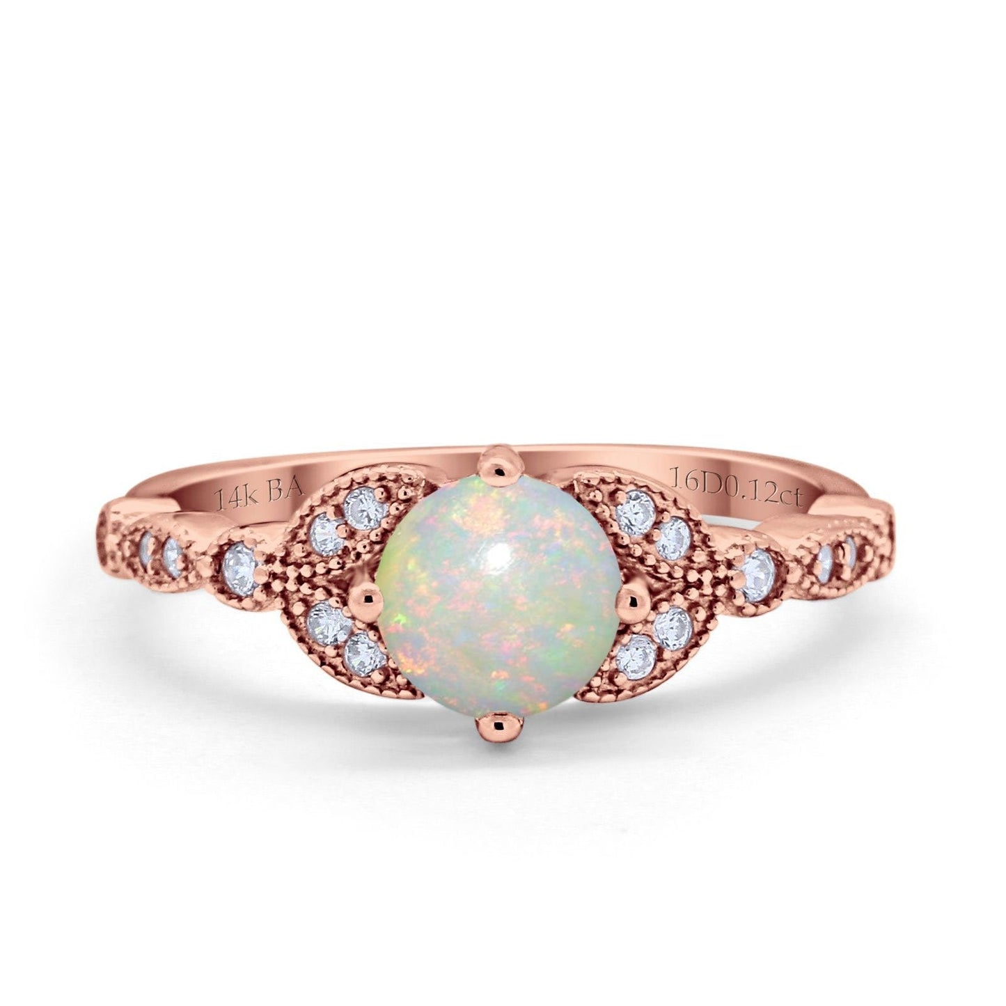 14K Rose Gold 0.12ct Round Art Deco 6mm G SI Natural White Opal Diamond Engagement Wedding Ring Size 6.5