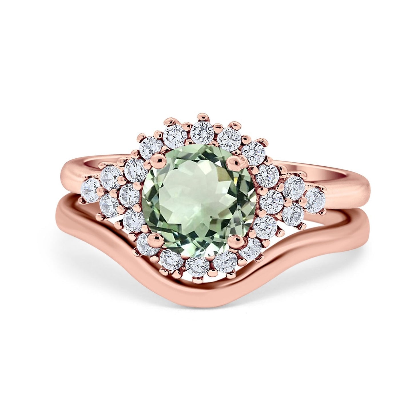 14K Rose Gold 1.59ct Round Two Piece Halo 7mm G SI Natural Green Amethyst Diamond Engagement Wedding Ring Size 6.5