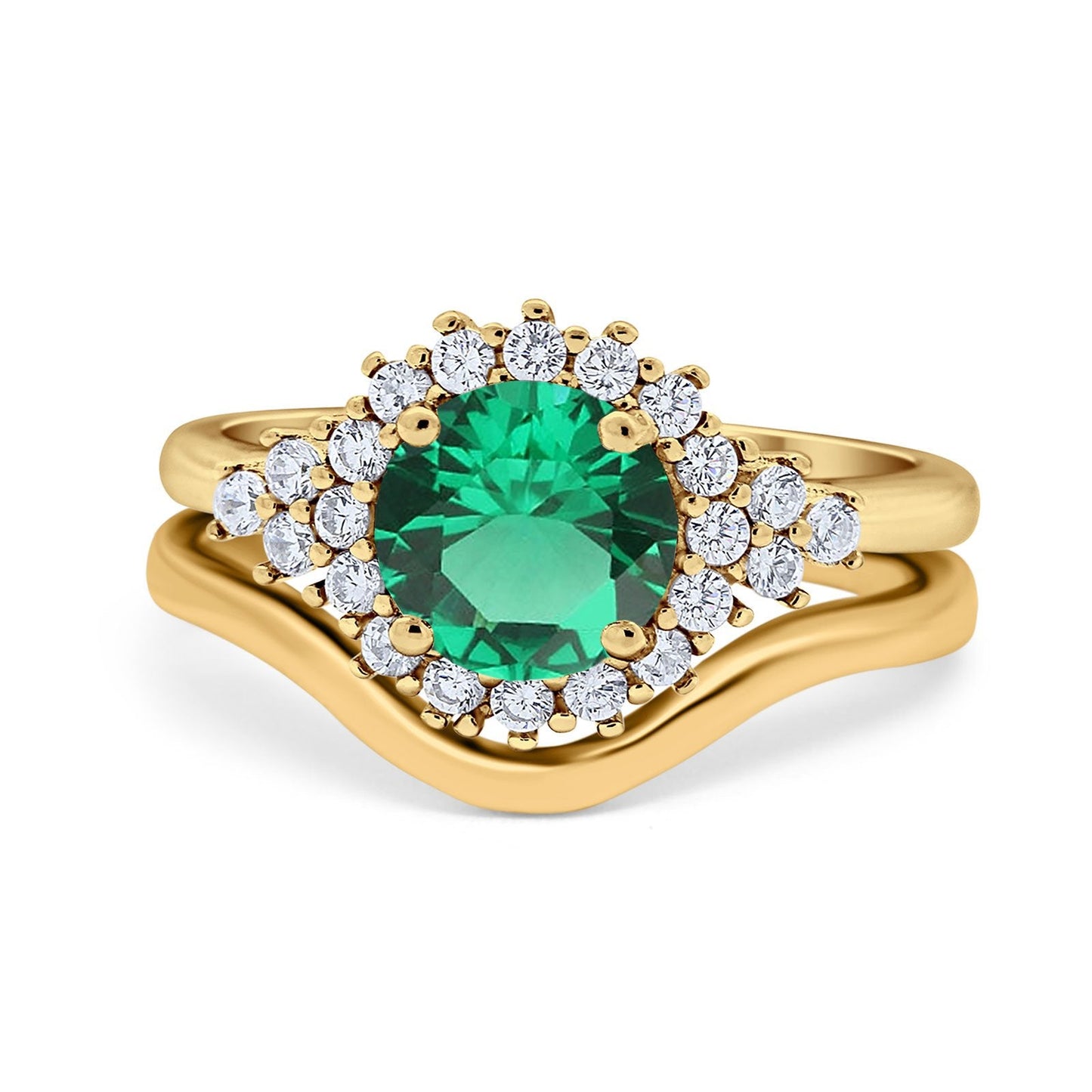 14K Yellow Gold 1.59ct Round Two Piece Halo 7mm G SI Nano Emerald Diamond Engagement Wedding Ring Size 6.5