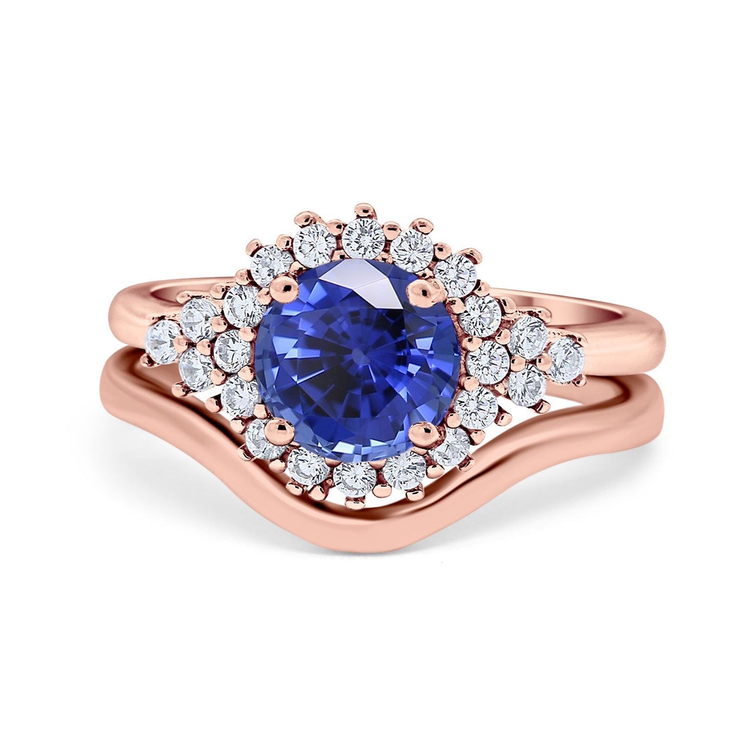 14K Rose Gold 1.59ct Round Two Piece Halo 7mm G SI Nano Blue Sapphire Diamond Engagement Wedding Ring Size 6.5