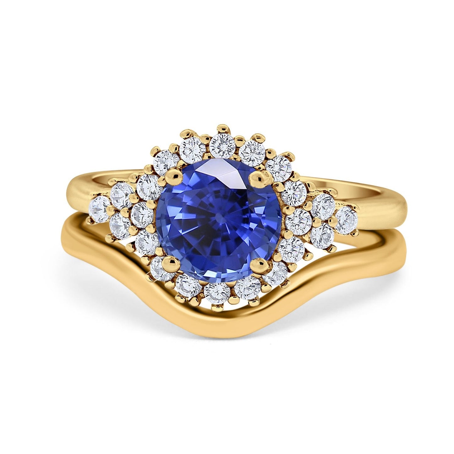 14K Yellow Gold 1.59ct Round Two Piece Halo 7mm G SI Nano Blue Sapphire Diamond Engagement Wedding Ring Size 6.5