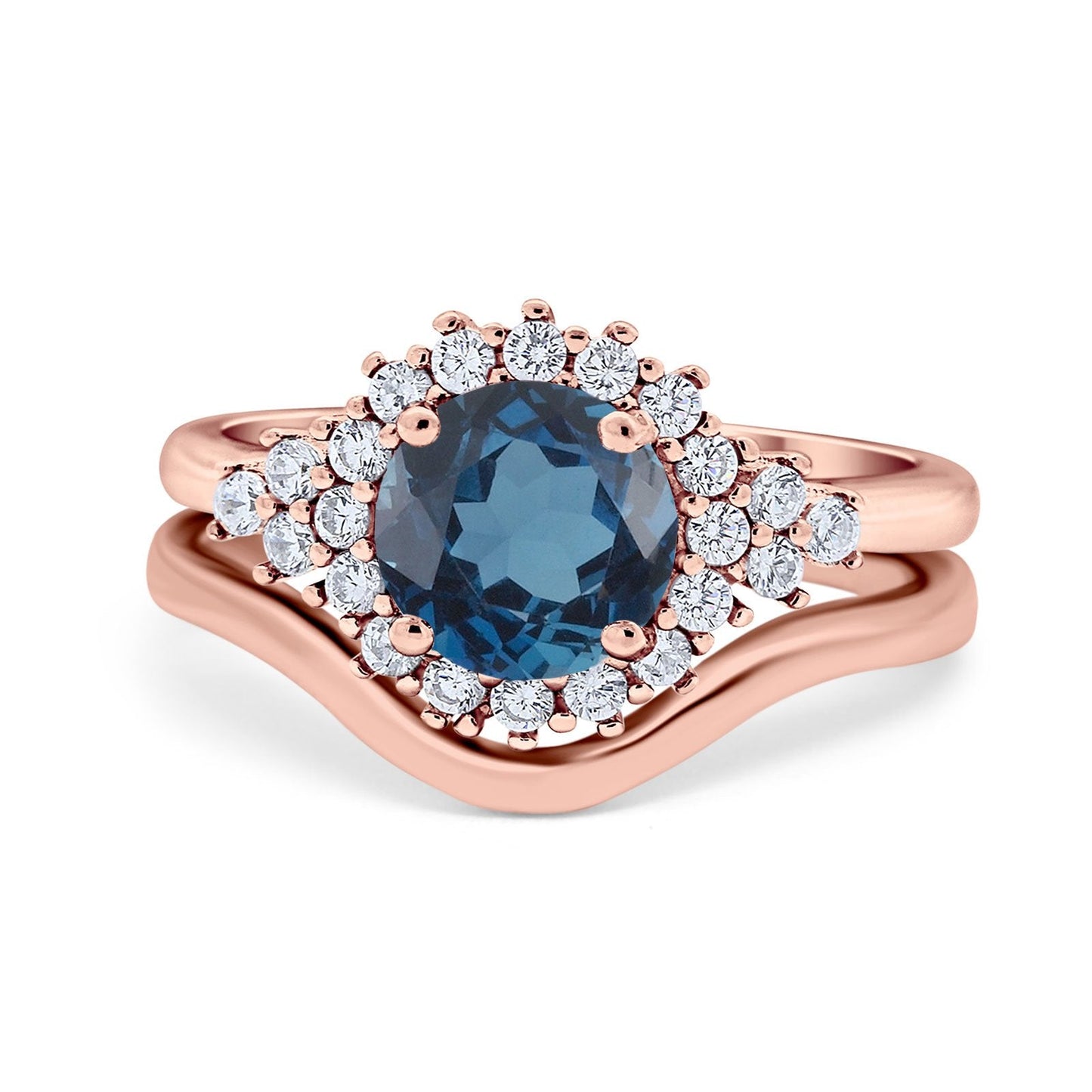 14K Rose Gold 1.59ct Round Two Piece Halo 7mm G SI London Blue Topaz Diamond Engagement Wedding Ring Size 6.5