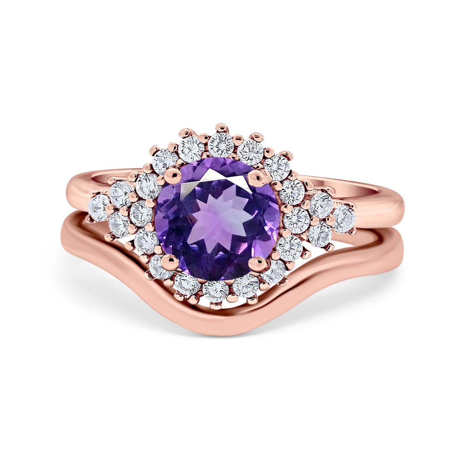 14K Rose Gold 1.59ct Round Two Piece Halo 7mm G SI Natural Amethyst Diamond Engagement Wedding Ring Size 6.5