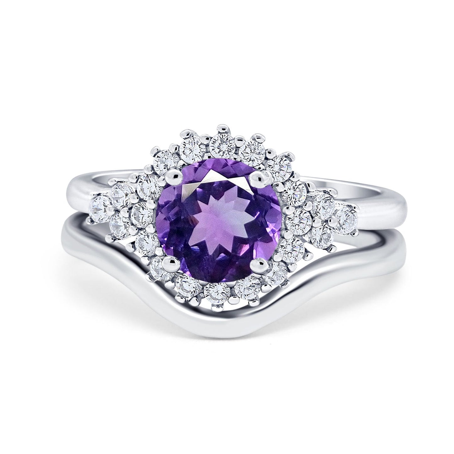 14K White Gold 1.59ct Round Two Piece Halo 7mm G SI Natural Amethyst Diamond Engagement Wedding Ring Size 6.5