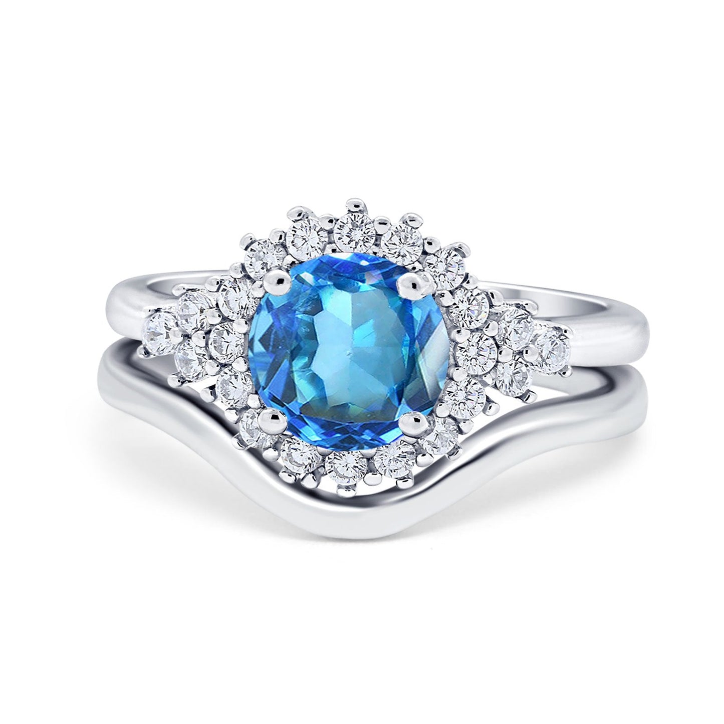 14K White Gold 1.59ct Round Two Piece Halo 7mm G SI Natural Blue Topaz Diamond Engagement Wedding Ring Size 6.5