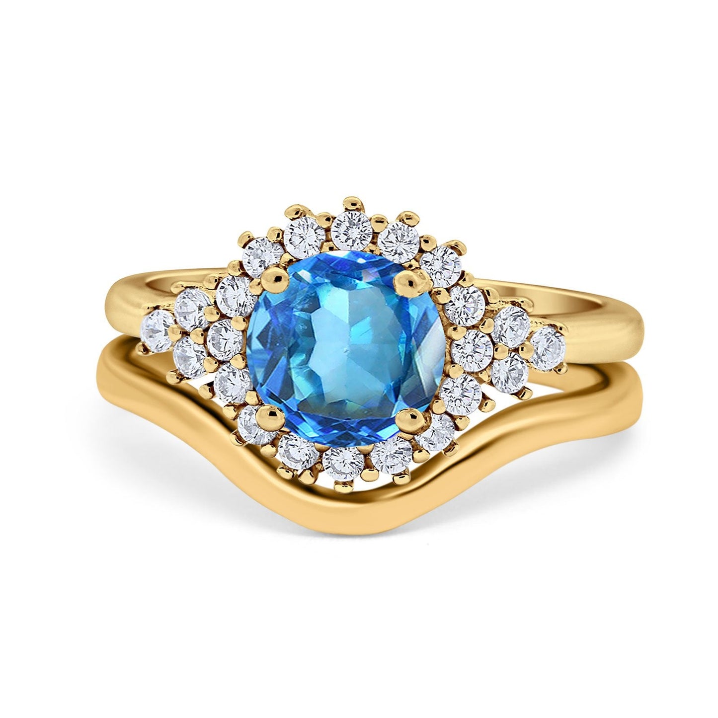 14K Yellow Gold 1.59ct Round Two Piece Halo 7mm G SI Natural Blue Topaz Diamond Engagement Wedding Ring Size 6.5