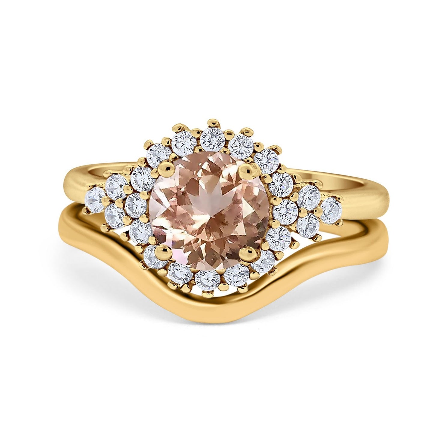 14K Yellow Gold 1.59ct Round Two Piece Halo 7mm G SI Natural Morganite Diamond Engagement Wedding Ring Size 6.5